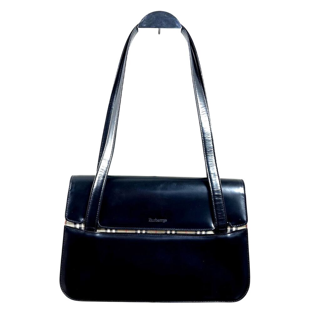 Burberry Nova Check Black Leather Shoulder Bag Authentic Vintage